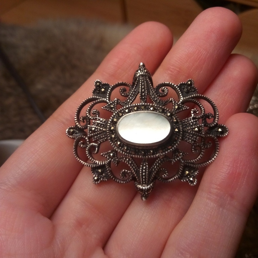 Sterling silver MOP and marcasite pin